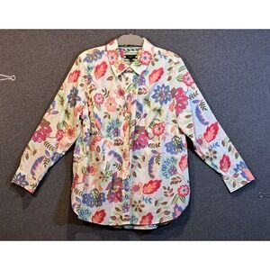 Talbots Plus Womens 1X Floral Button Down Shirt Long Sleeve Cotton White Multi